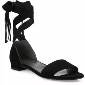 Stuart Weitzman Black Suede Corbata Wrap Fringe Ankle Tie Sandals Flats